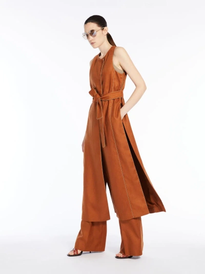 Max Mara Long Linen Waistcoat With Piping In Brown