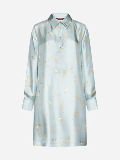 Max Mara Rufo Print Silk Shirt Dress In Aquamarine