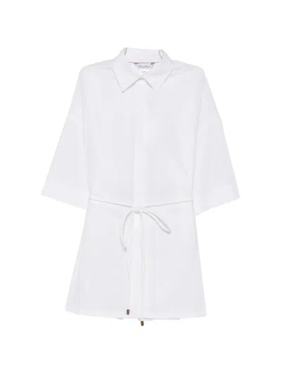 Max Mara -style 100% Cotton Mini Shirt Dress With Front Concealed Buttons And Adjustable Waist In Bianco