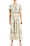 Max Studio Floral Tiered Midi Dress In Cream/ Aprct Sml Dsy Rs Chn
