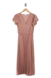 Max Studio Flutter Sleeve Pleated Midi Dress In Old Rose/sage Daisy Fold