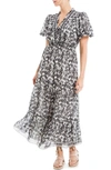 Max Studio Georgette Smocked Maxi Dress In Ivy/ Blk Flral Rppls