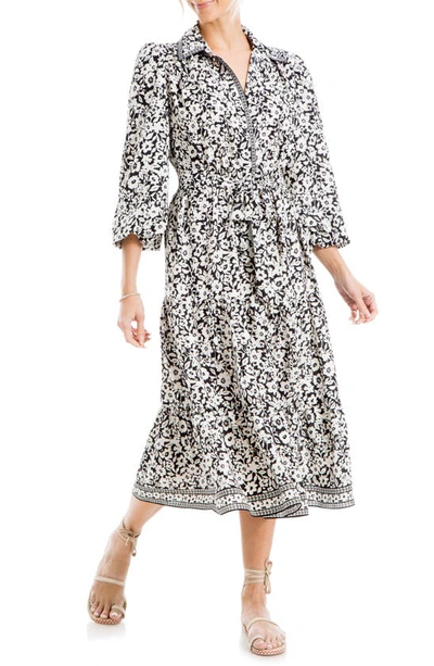 Max Studio Long Sleeve Midi Dress In Black/ Cream Md Grphc