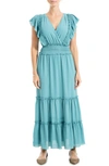 Max Studio Pebble Crepe Flutter Sleeve Maxi Dress In Blue