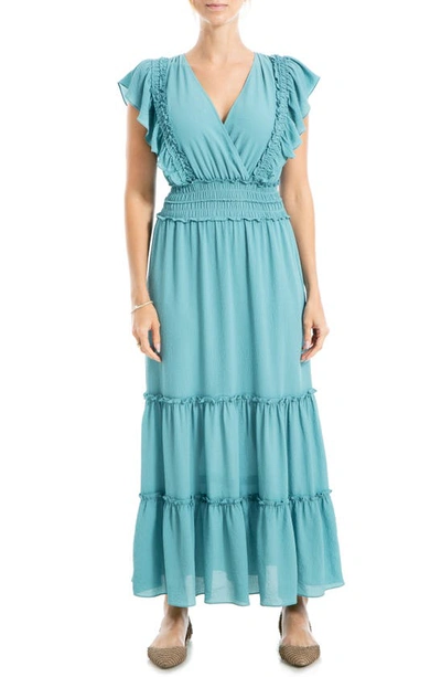 Max Studio Pebble Crepe Flutter Sleeve Maxi Dress In Blue