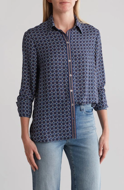 Max Studio Printed Long Sleeve Button-up Shirt In Blue Vintage Floral