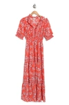 Max Studio Ruffle Collar Print Tiered Maxi Dress In Coral Rosy Toile
