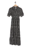 Max Studio Ruffle Collar Print Tiered Maxi Dress In Cream/ Black Whispering Cloves