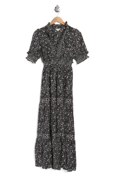 Max Studio Ruffle Collar Print Tiered Maxi Dress In Cream Black Whispering Cloves ModeSens