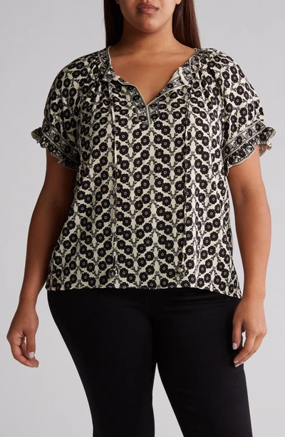 Max Studio Split Neck Top In Cream/ Blk Linum Floral