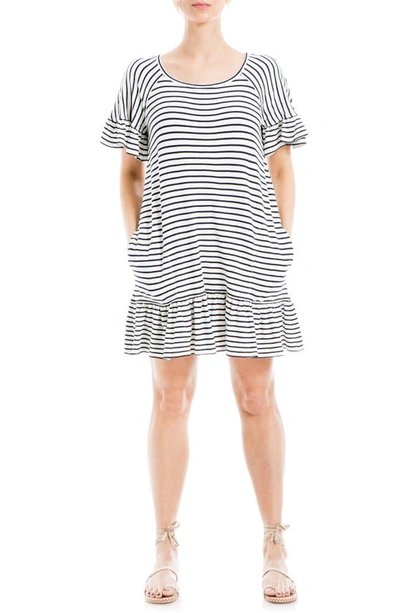 Max Studio Stripe Ruffle Short Sleeve Shift Dress In White/navy