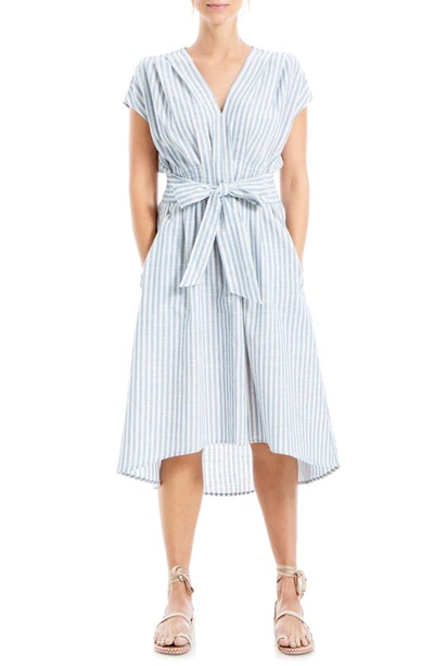 Max Studio Stripe Tie Front Linen & Cotton Dress In Whtblu47