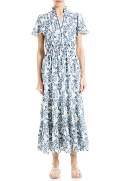 Max Studio Tiered Flutter Sleeve Maxi Dress In Cream/ Blue Print