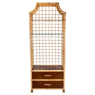 Pre-owned Mcguire 1970's Vintage Coastal Pagoda Bamboo Etagere Bookcase With Glass Shelves/drawers In Brown