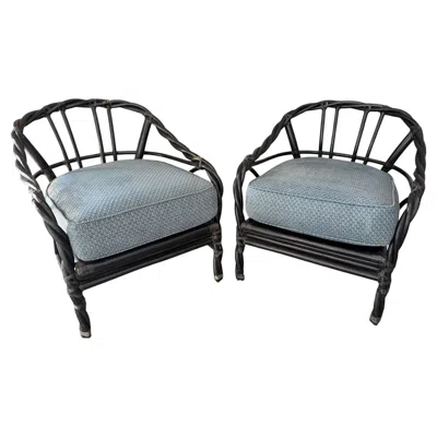 Pre-owned Mcguire A Pair Of Coastal Style Twisted Rattan Lounge Chairs By . Circa 1980s In Gray