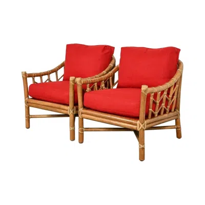 Pre-owned Mcguire Mid-century Hollywood Regency Bamboo Rattan Lounge Chairs, Pair In Red