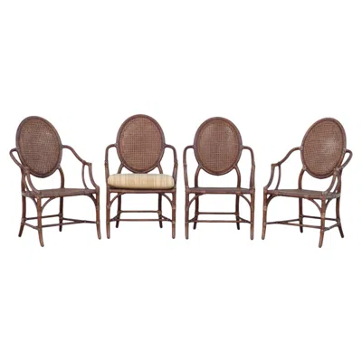 Pre-owned Mcguire Set Of Four Elinor  Rattan Oval Cane Back Dining Arm Chairs In Brown