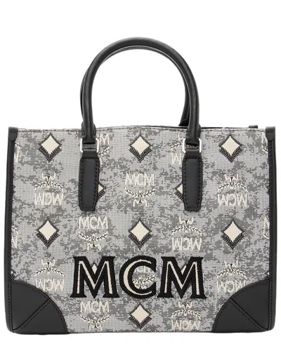 Pre-owned Mcm Black & White Leather & Monogram Canvas Small Tote (authentic Pre-loved)
