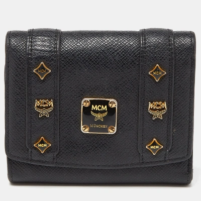 Pre-owned Mcm Black Leather Studded Charm Trifold Wallet