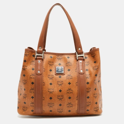 Pre-owned Mcm Cognac Visetos Coated Canvas And Leather Shopper Tote In Brown
