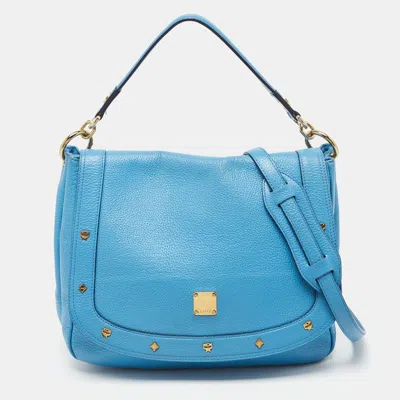 Mcm Leather Studded Flap Hobo In Blue