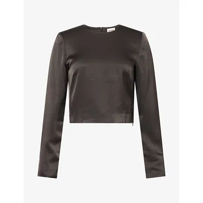 Me And Em And Em Womens Bay Green Long-sleeve Cropped Satin Top