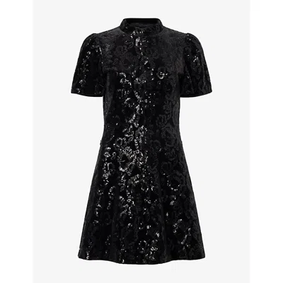 Me And Em And Em Womens Black Stand-collar Sequin-embroidered Velour Mini Dress