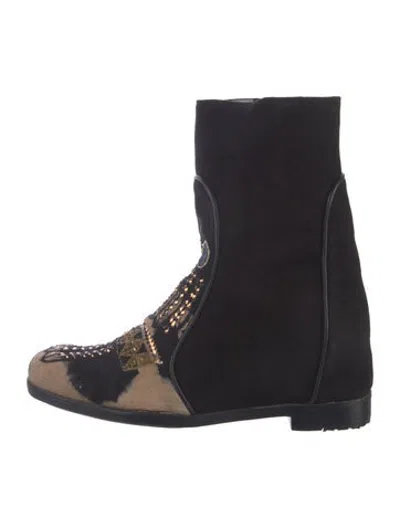 Pre-owned Meher Kakalia Suede Patterned Boots In Black/blue