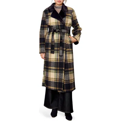 Melloday Faux Fur Collared Plaid Trench Coat In Green