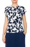 Melloday Floral Cowl Neck Cap Sleeve Top In Ivory/ Navy Floral