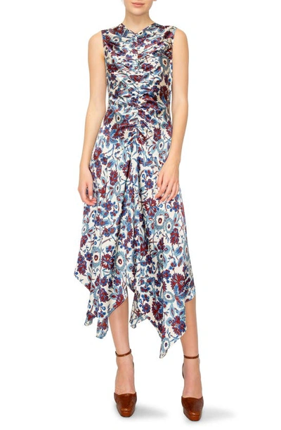 Melloday Floral Print Ruched Satin Midi Dress In Bone Blue