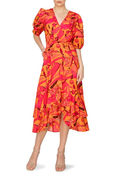 Melloday Poplin Floral Midi Wrap Dress In Orange Multi