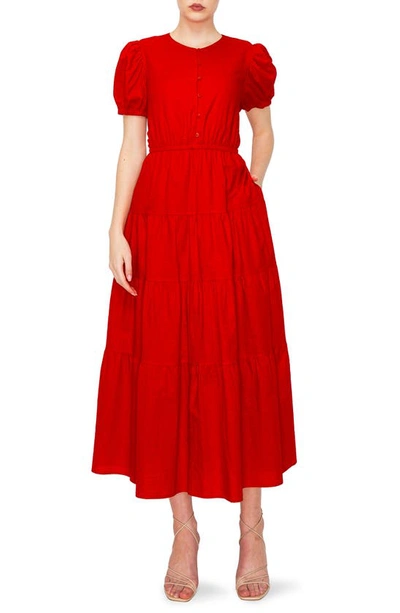 Melloday Puff Sleeve Button Front Linen Blend Fit & Flare Midi Dress In Red