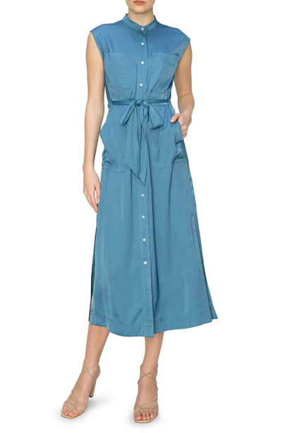 Melloday Sleeveless Button Front Satin Shirtdress In Marline Blue