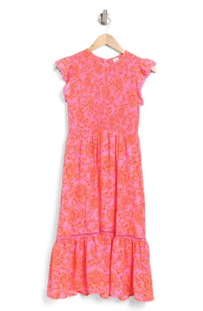 Melrose And Market Smocked Flutter Sleeve Midi Dress In Pink- Orange Rose Garden