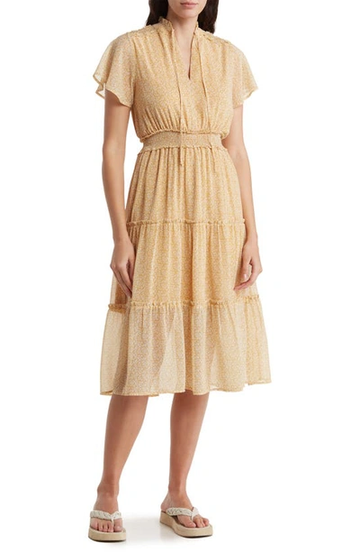 Melrose And Market Tiered Midi Dress In Yellow- Ivory Ditzy