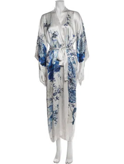 Pre-owned Meng Silk Floral Print Robe In Blue