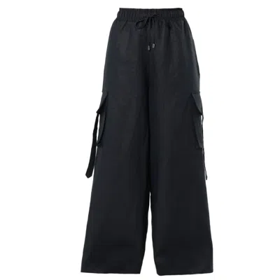 Metamorphoza Black Linen Cargo Palazzo Pants With Drawstring