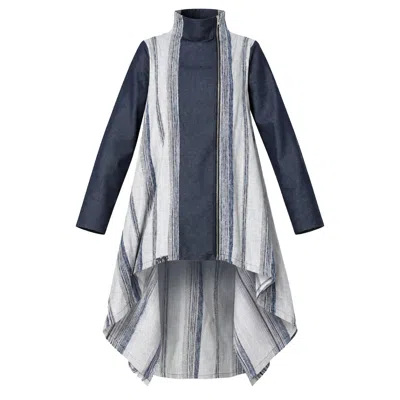 Metamorphoza Women's Blue High-low Denim Tunic Top With Striped Panels