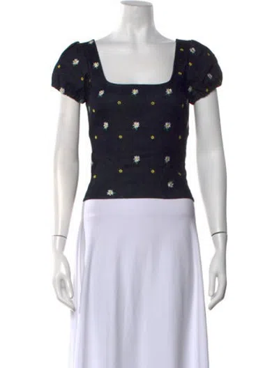 Pre-owned Miaou Floral Print Square Neckline Top In Blue/green/white