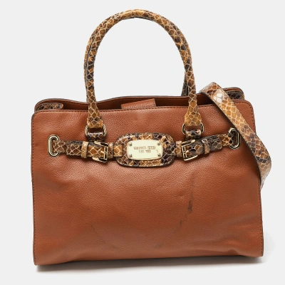 Pre-owned Michael Kors Brown Snakeskin Embossed Leather Hamilton Tote