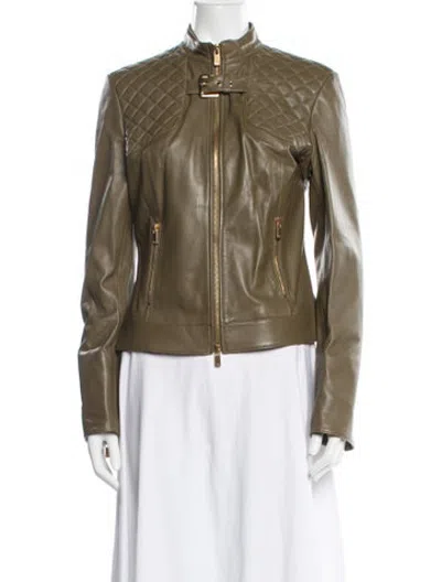 Pre-owned Michael Kors Leather Biker Jacket In Green