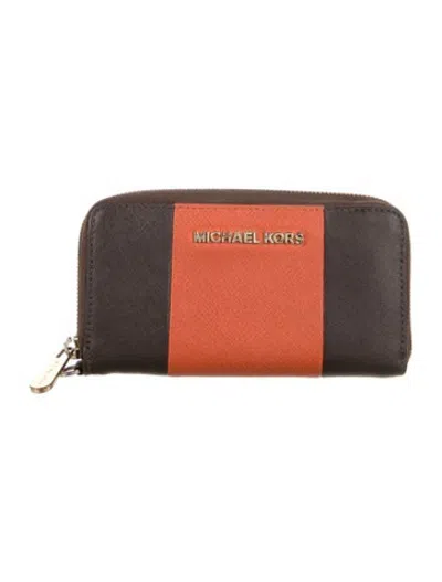 Pre-owned Michael Kors Leather Colorblock Pattern Continental Wallet In Brown/orange