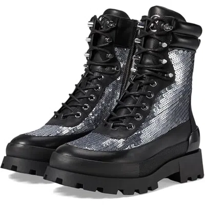 Michael Kors Rowan Boots Women's Black Silver Leather Ankle Combat Jzz1172 In Gray