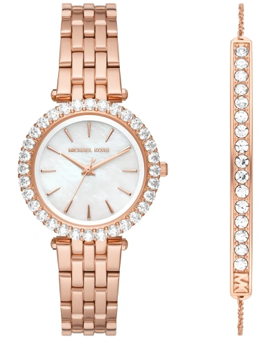 Michael Kors Women's Darci Three-hand Rose Gold-tone Stainless Steel Watch 34mm And Bracelet Set, 2 Pieces