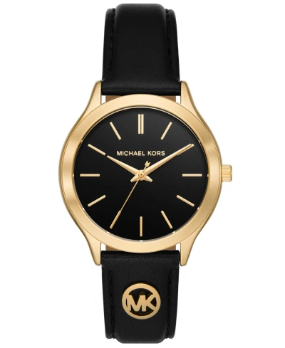 Michael Kors Women's Slim Runway Three-hand Black Leather Watch 38mm