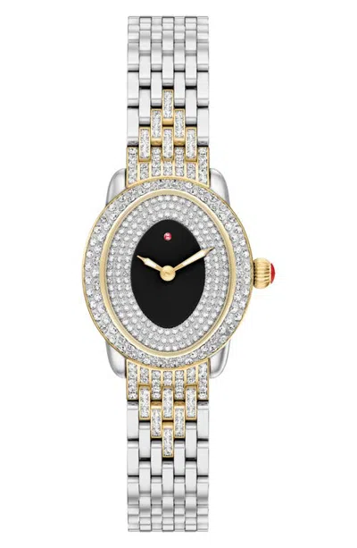 Michele Serein Oval Noir Gloss Diamond Swiss Movement Bracelet Watch In Silver