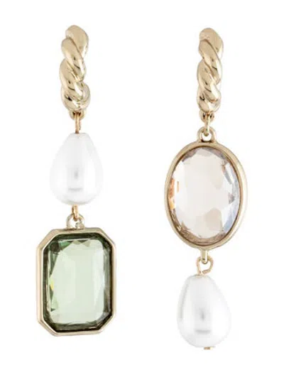 Pre-owned Mignonne Gavigan Crystal & Faux Pearl Drop Earrings In Green/neutrals