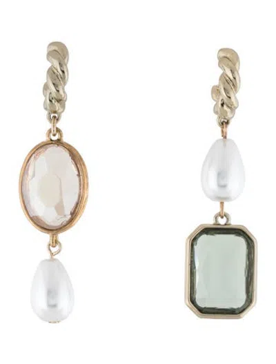 Pre-owned Mignonne Gavigan Faux Pearl & Crystal Leonie Mismatch Drop Earrings In Green/orange