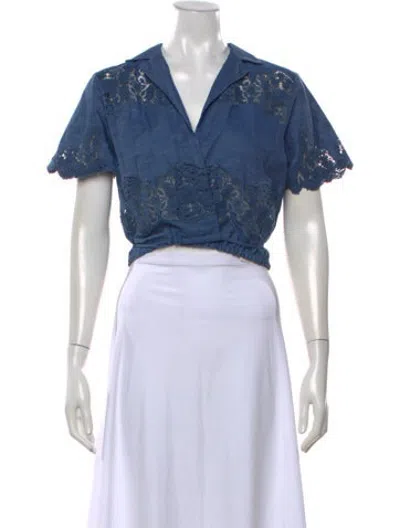 Pre-owned Miguelina Lace Pattern V-neck Crop Top In Blue